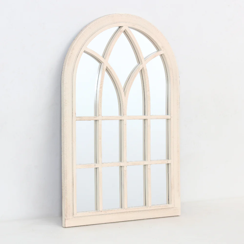 Arched Windowpane Wall Mirror | Distressed Cream Frame, 60 x 90cm