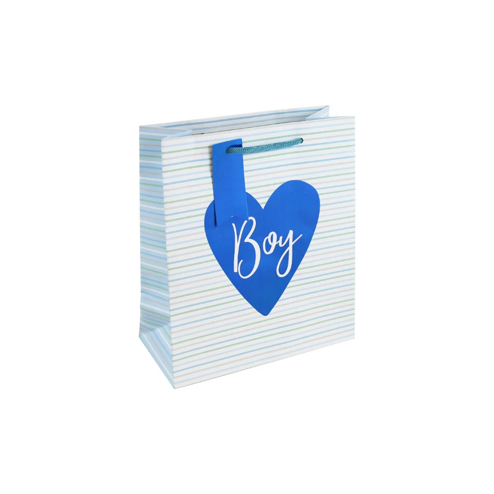 Baby Boy Medium Gift Bag | Blue Heart Detail, Striped Pattern