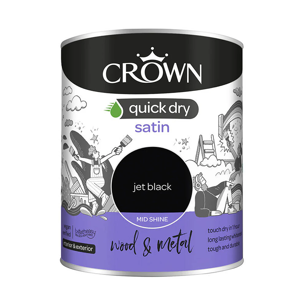 Crown Paint Quick Dry Satin Jet Black Paint | 750ml, Interior & Exterior
