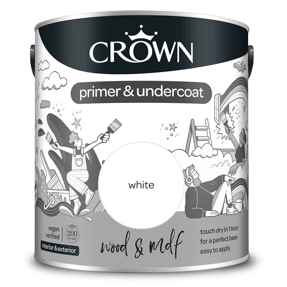 Crown Paint Quick Dry Wood and MDF Primer and Undercoat Paint | White, 2.5L