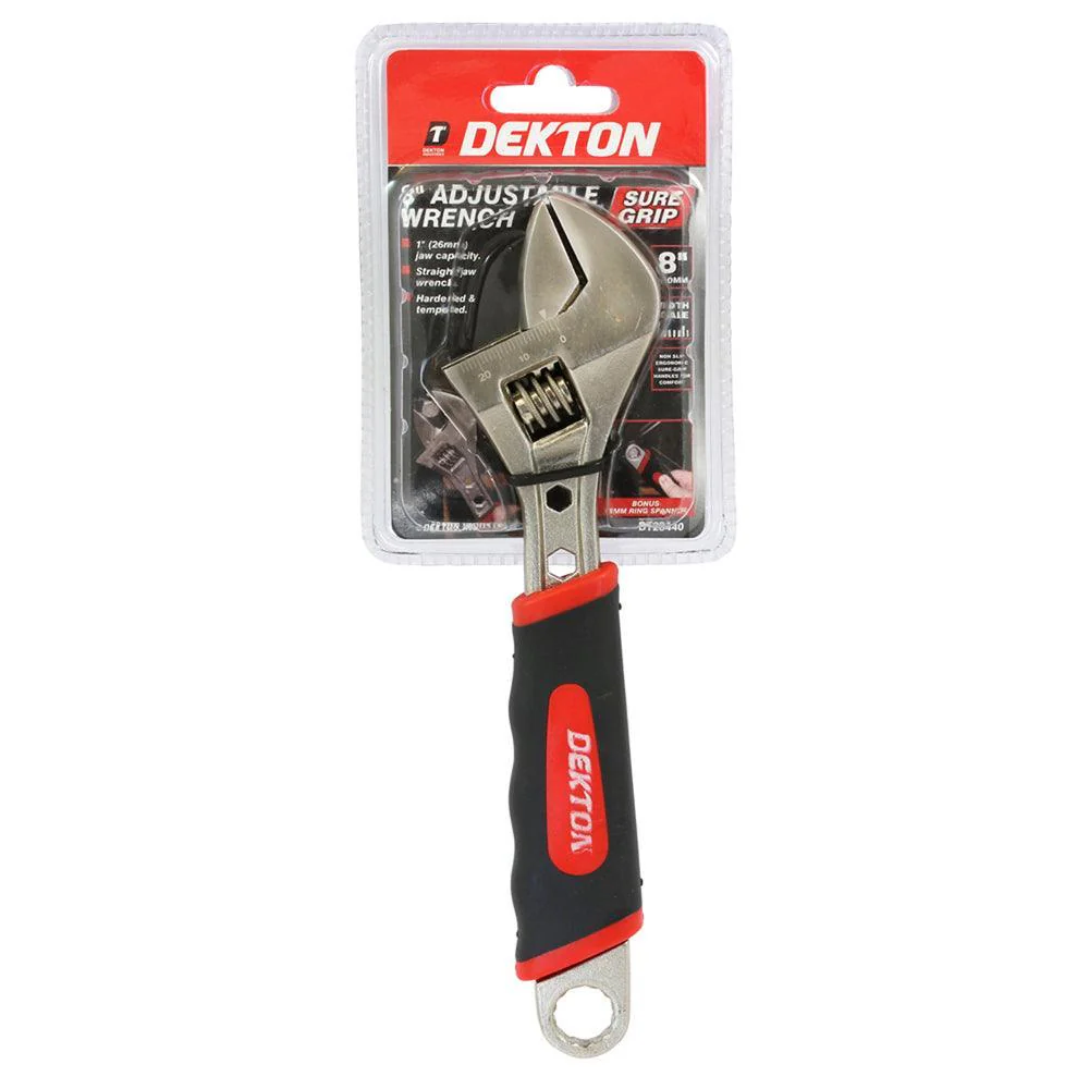 Dekton 8in Sure Grip Adjustable Spanner | 1 Jaw Capacity | Printed Width Scale | Hardened & Tempered Steel | Bonus 14mm Ring Spanner - Image 2
