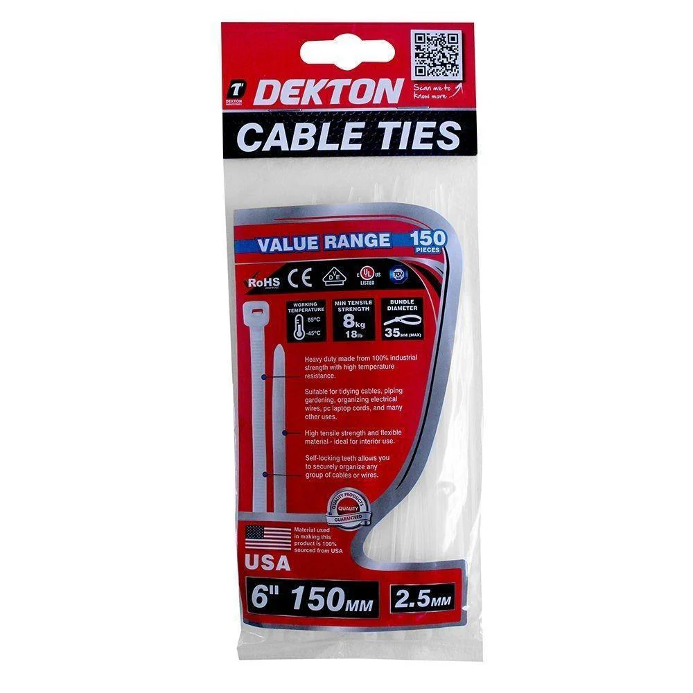 Dekton White Cable Ties | 150 Pieces
