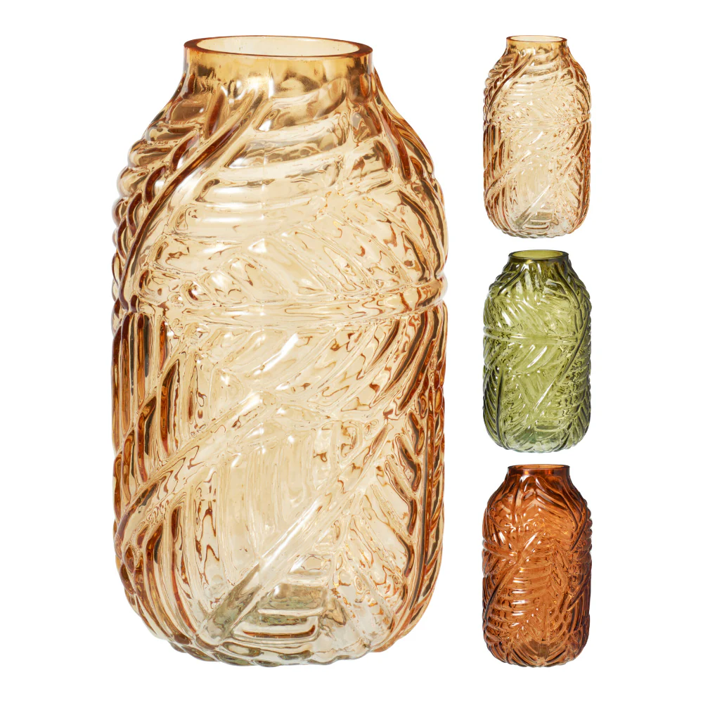 Embossed Tropical Leaf Design Glass Vase | 21cm, Assorted Colours