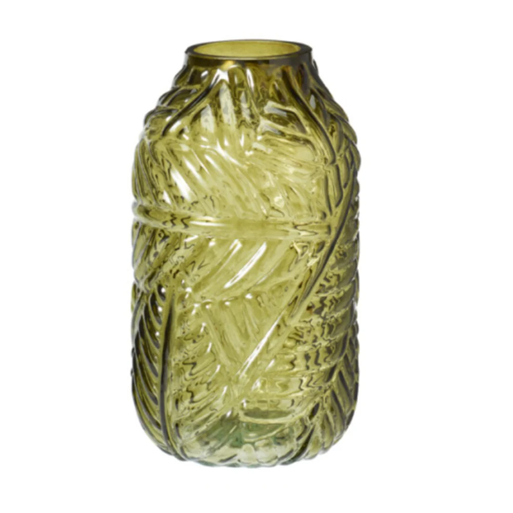 Embossed Tropical Leaf Design Glass Vase | 21cm, Assorted Colours - Image 3