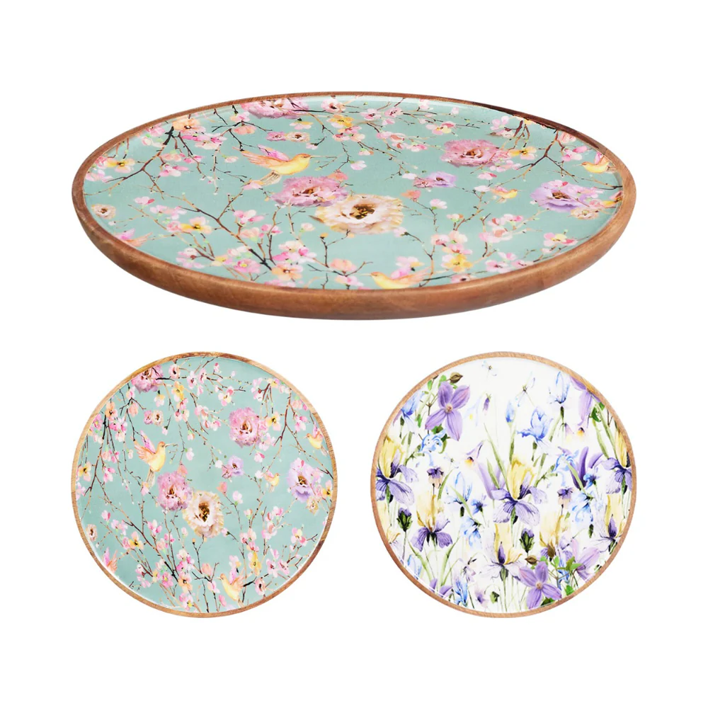 Floral Pattern Round Wooden Serving Platter | 25cm Diameter, Wood