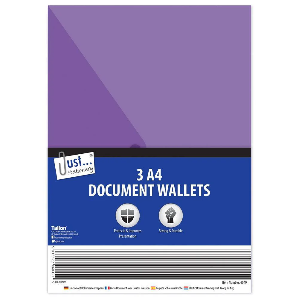Just Stationery A4 Document Wallets | Pack of 3