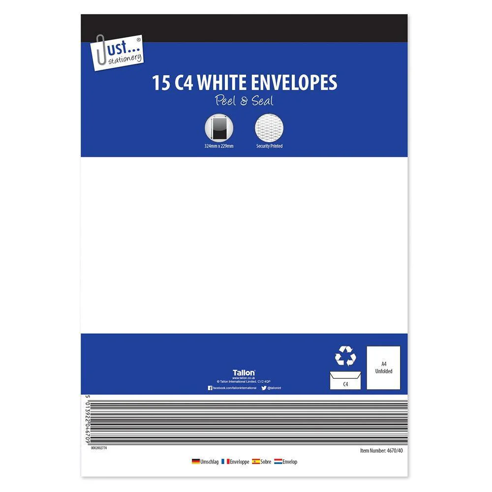 Just Stationery White Peel & Seal Envelopes Size C4 | Pack of 15