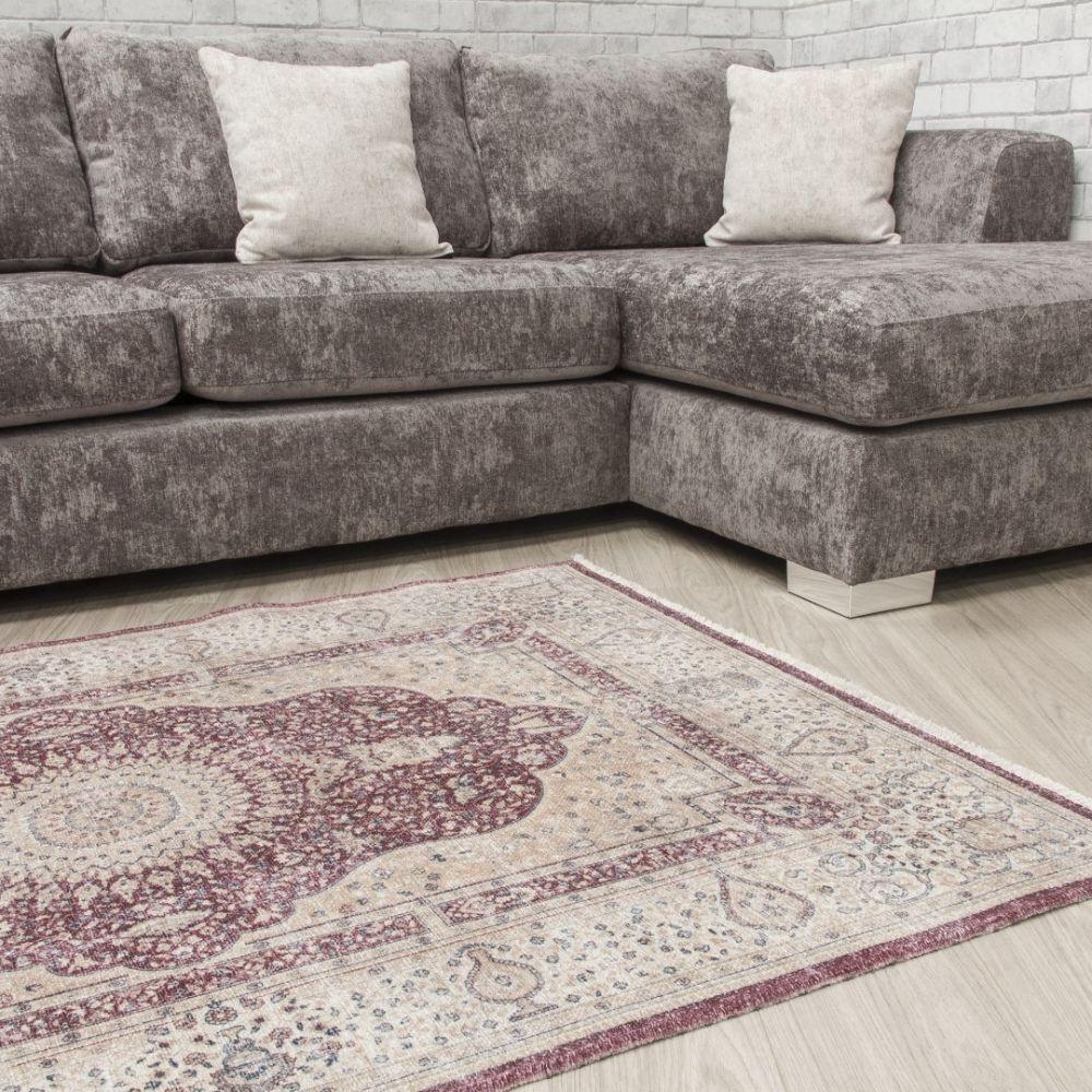 Modena Shiraz Red Cream Rug | Modern Distressed Design - Image 2