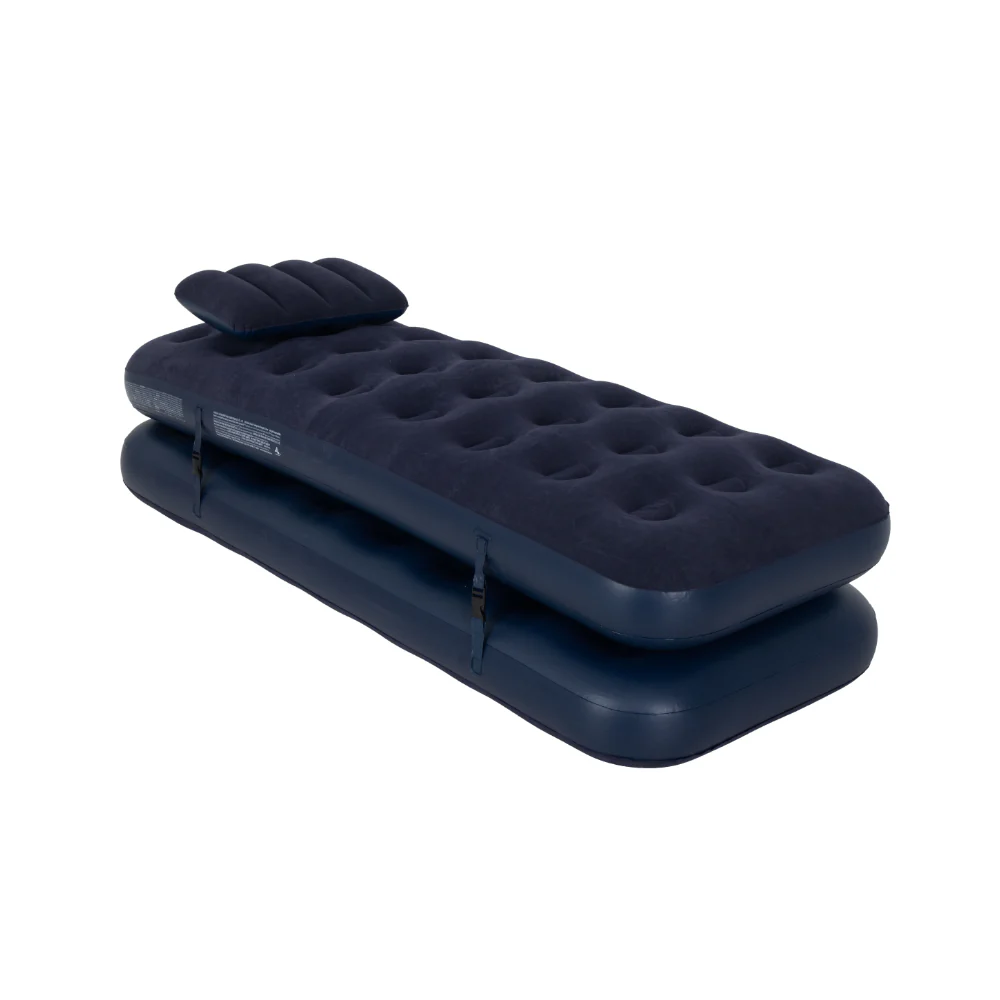 Navy Blue Flocked Air Mattress with Built-In Pillow | Double Width - Image 2