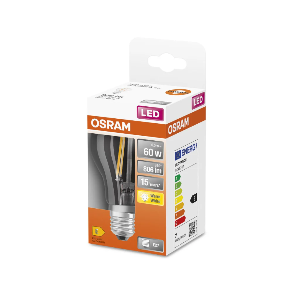 Osram E27 LED Filament Bulb | 6.5W, 806lm, Warm White, 60W Equivalent - Image 2