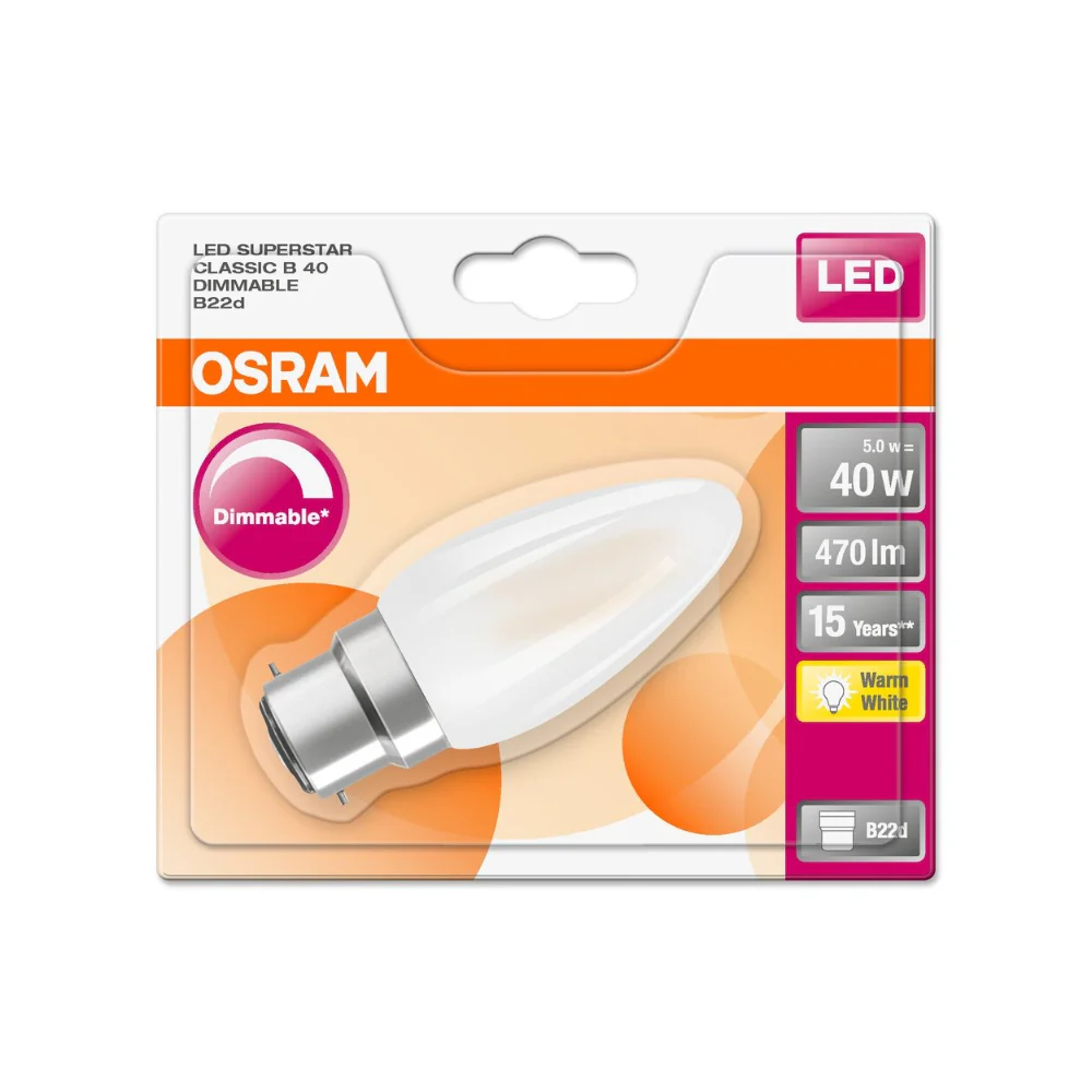 Osram LED Superstar Classic Candle Bulb | B22d, Dimmable, Warm White - Image 2
