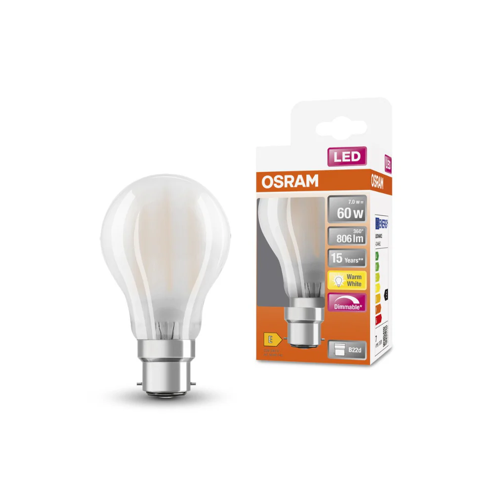 Osram Warm White Dimmable LED Bulb | B22d, 7W, 806lm, 60W Equivalent
