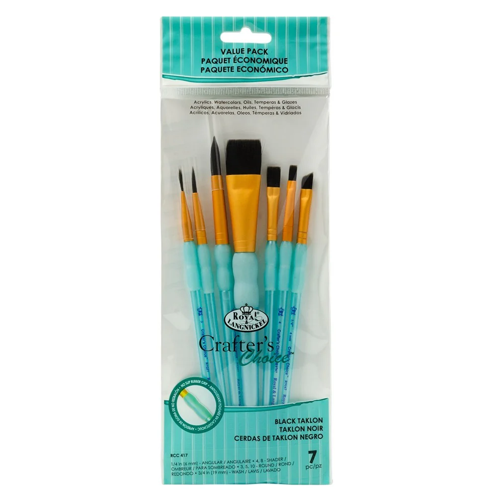 Royal & Langnickel Black Taklon Variety Brush Set | 7 Pieces, Round and Flat
