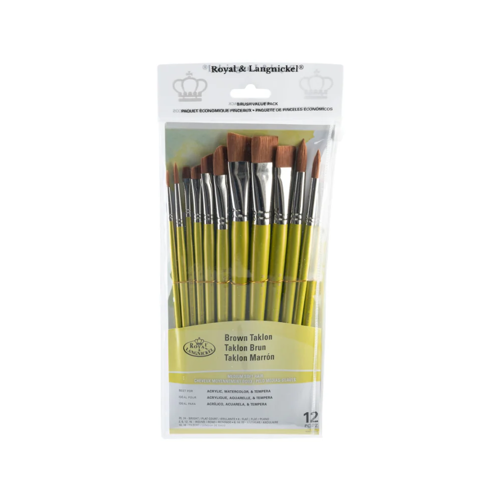 Royal & Langnickel Brown Taklon Paint Brush Set | Pack of 12, Assorted Shapes