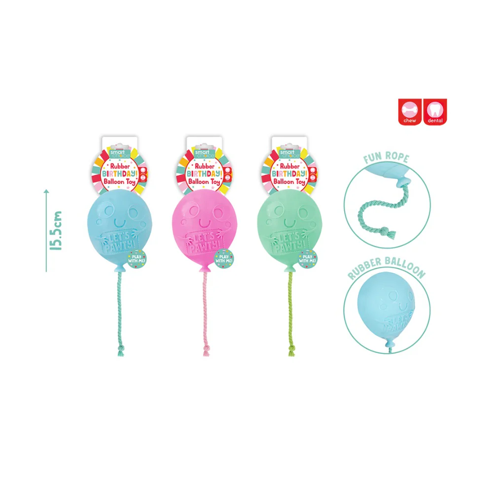 Smart Choice Rubber Birthday Balloon Dog Toy | Rope, 15.5cm, Assorted Colours