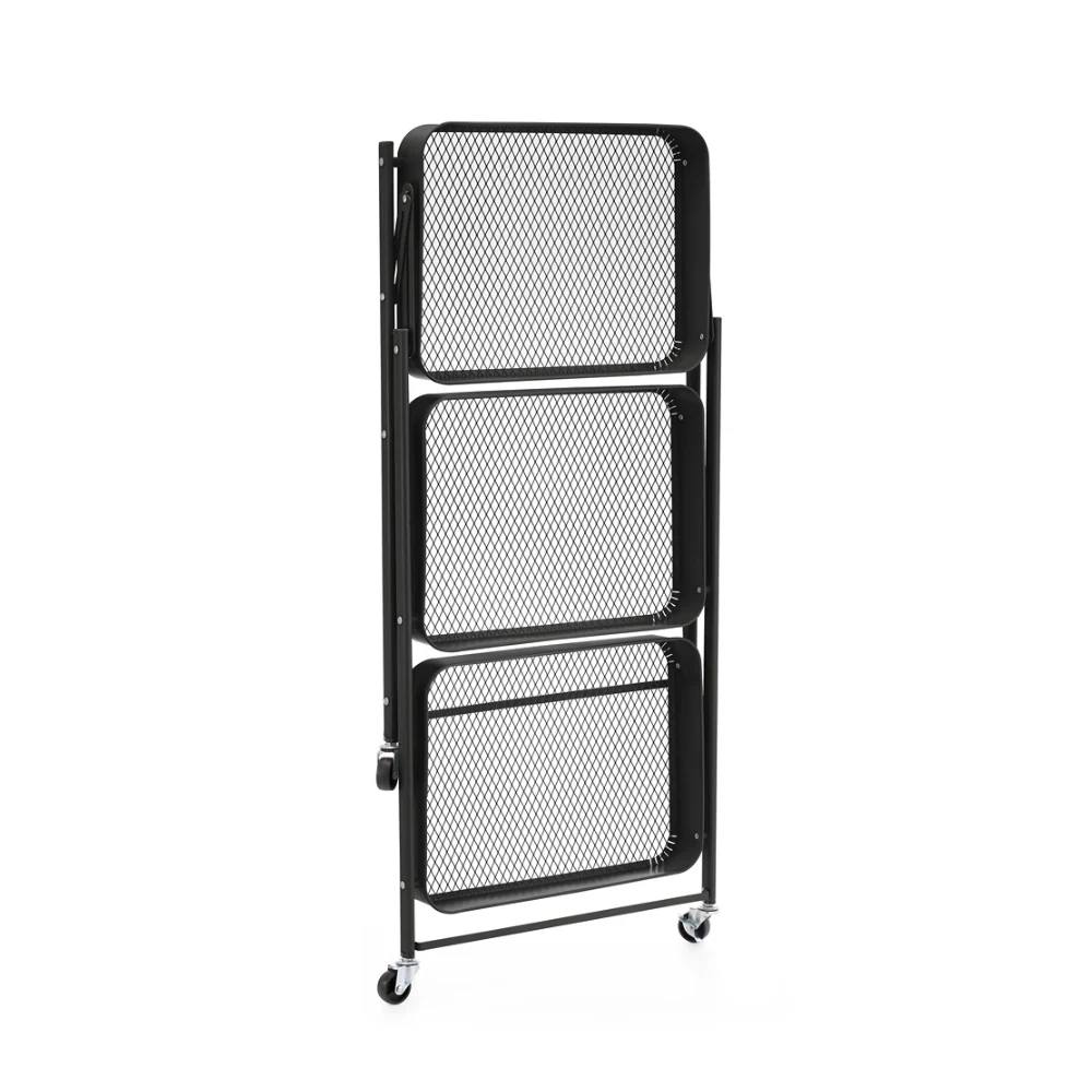 StoreUp 3 Tier Foldable Rolling Storage Cart | Black, with Hooks, Mesh Shelves - Image 2