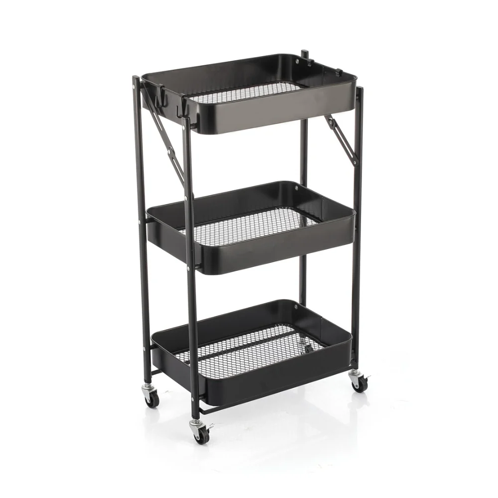 StoreUp 3 Tier Foldable Rolling Storage Cart | Black, with Hooks, Mesh Shelves - Image 3