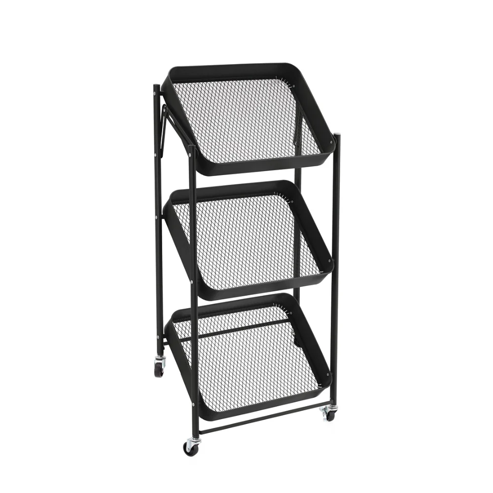 StoreUp 3 Tier Foldable Rolling Storage Cart | Black, with Hooks, Mesh Shelves - Image 4