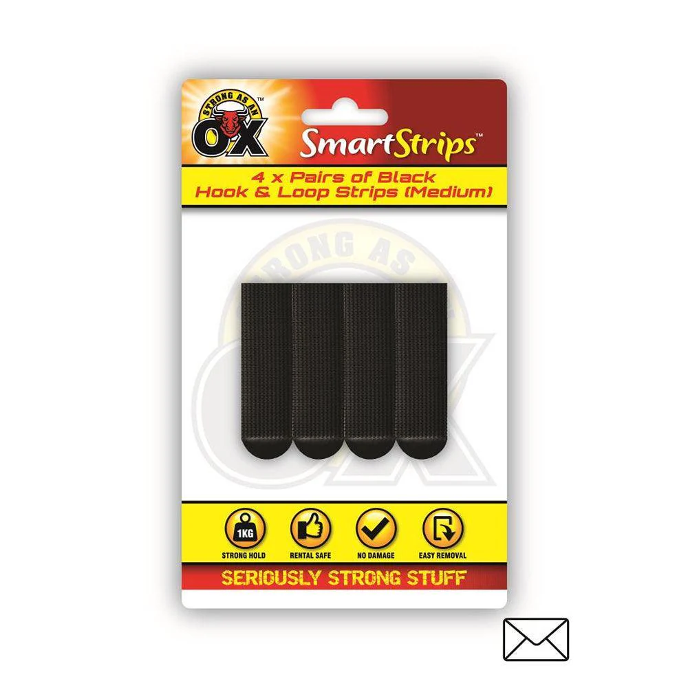 Strong as an Ox Removable Black Velcro Hook & Loop Strips | Pack of 4 - Image 2