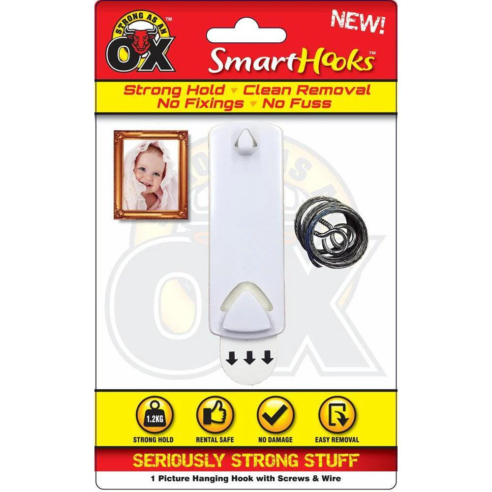 Strong as an Ox Removable Picture Hanging Plastic Hook with Screws & Wire | 1.2kg Capacity