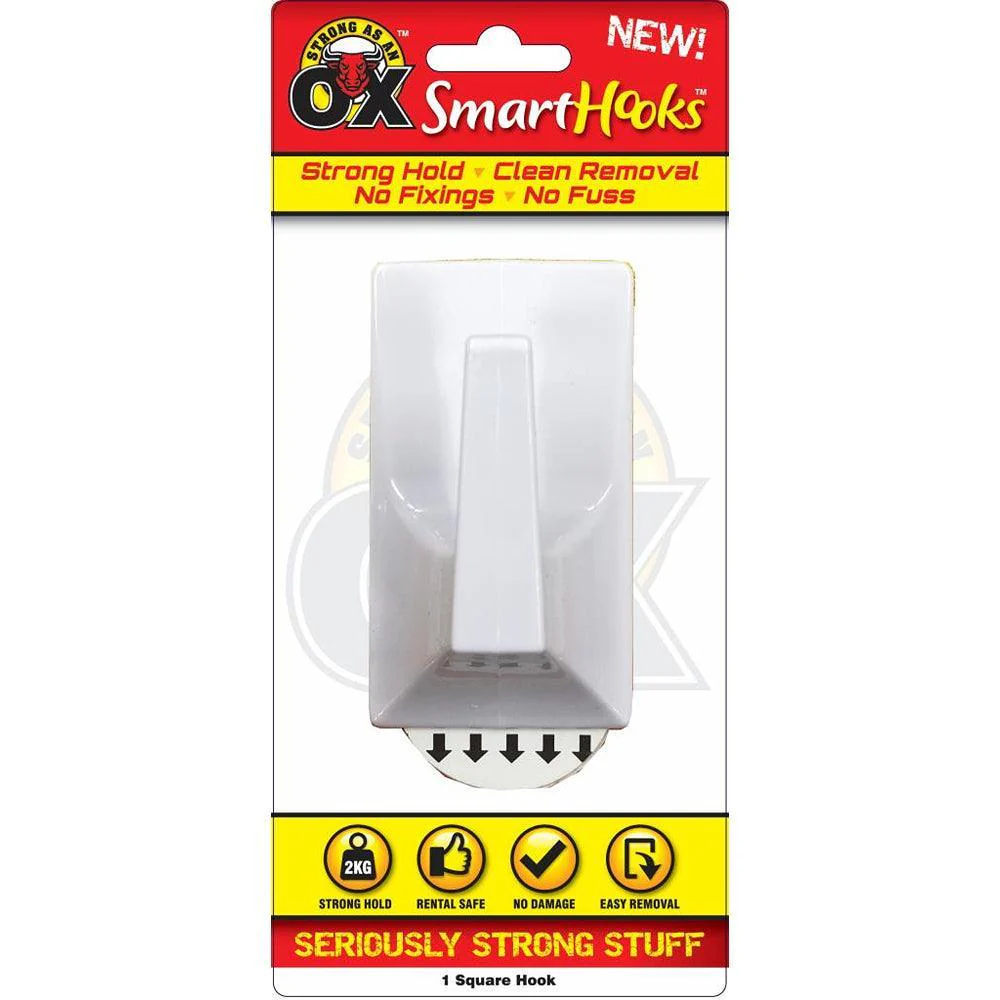 Strong as an Ox Removable Square White Plastic Hook | 2kg Capacity