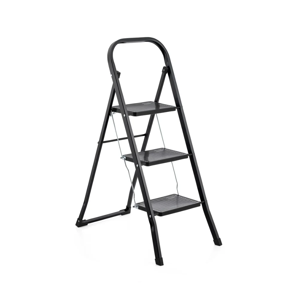 Struxa 3 Step Folding Ladder | Black, Wide Ribbed Steps, Top Handle