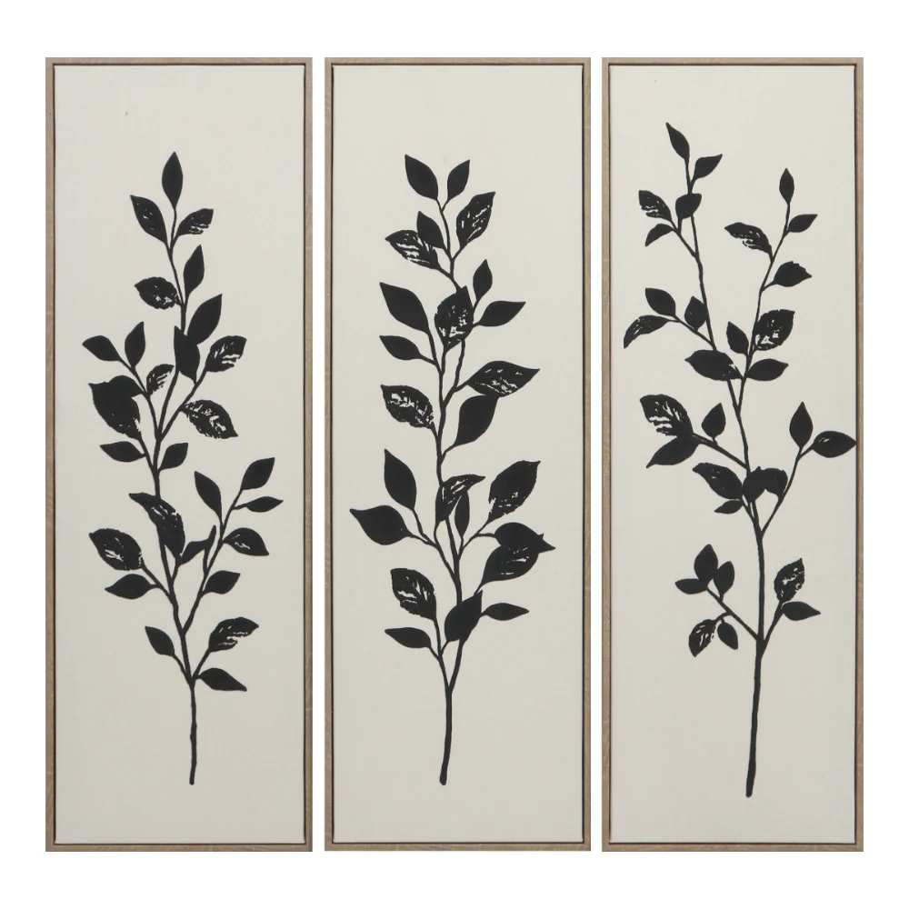 Tall Black Leaf Framed Canvas Wall Art | Set of 3, 90 x 30