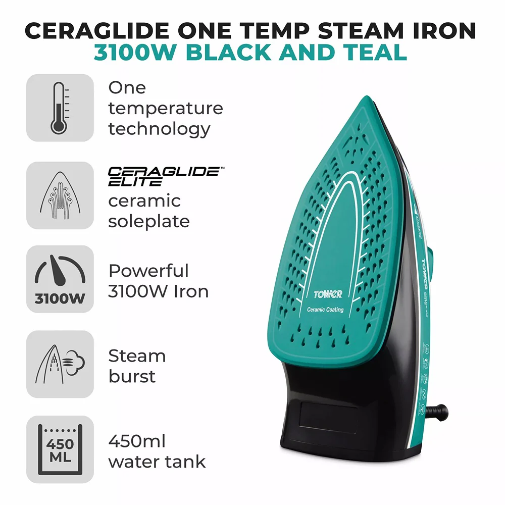 Tower Ceraglide 1 Temp Steam Iron | 3100W, Anti-Calc, Anti-Drip, Teal and Black - Image 2