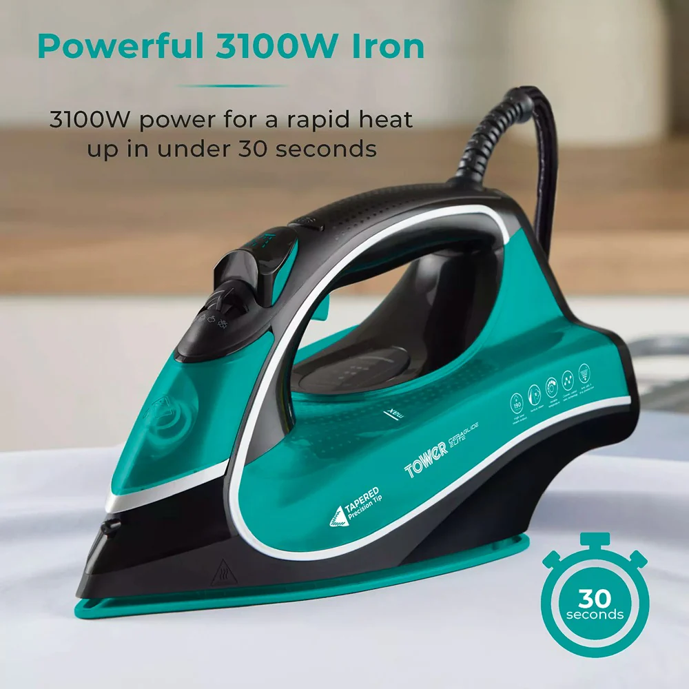 Tower Ceraglide 1 Temp Steam Iron | 3100W, Anti-Calc, Anti-Drip, Teal and Black - Image 4