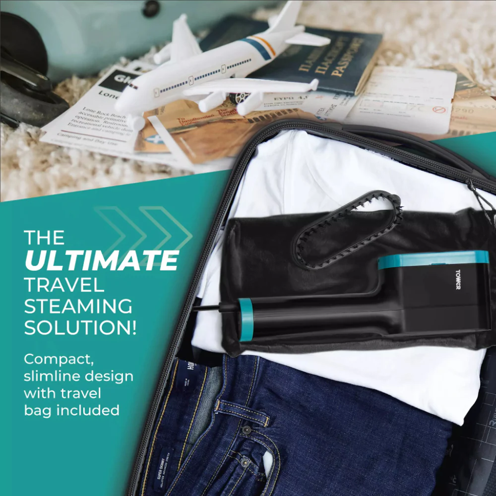 Tower Handheld Garment Steamer | Black and Teal, Brush Attachment - Image 3