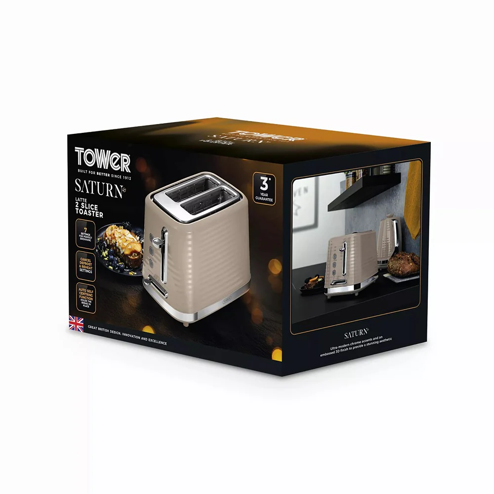 Tower Saturn Latte Beige 2 Slice Toaster | Adjustable Browning, Crumb Tray - Image 9