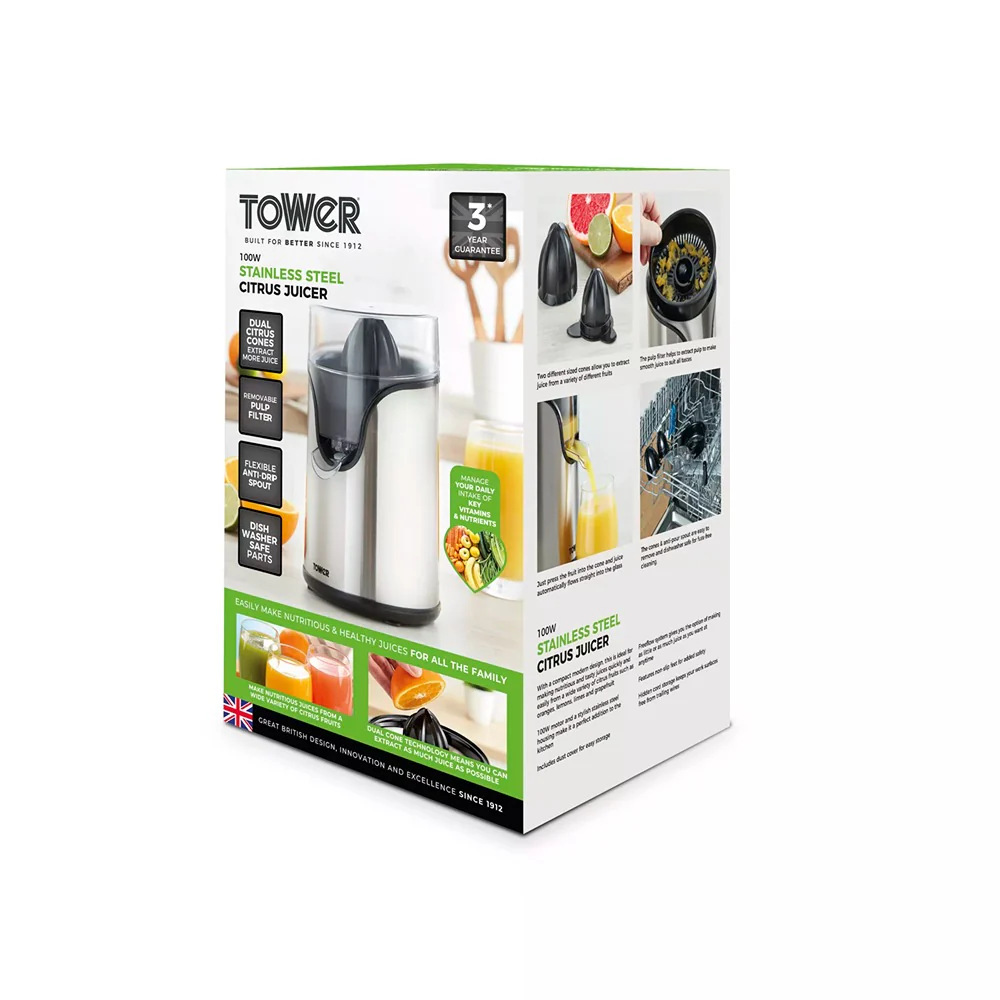 Tower Stainless Steel Electric Citrus Juicer | 100W, One-Touch Cone - Image 8
