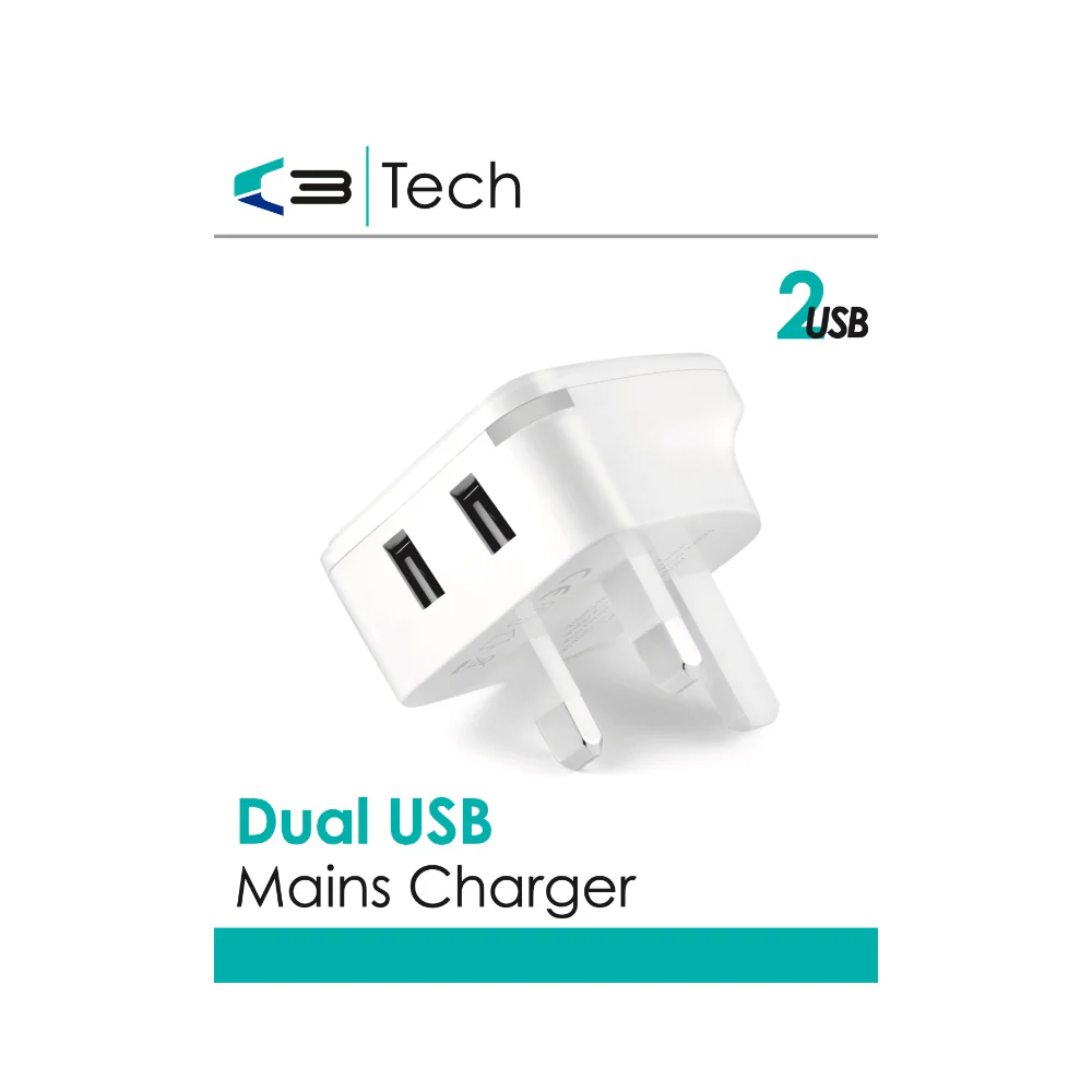 VIBE C3 Dual USB Mains Charger | UK 3-Pin Plug, Twin Port, White